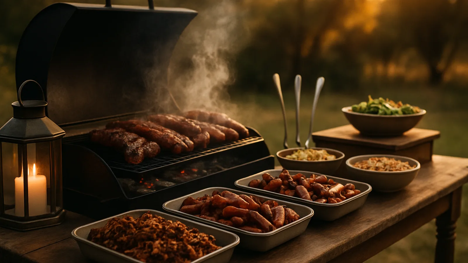 Rustikale BBQ-Grillstation mit gegrilltem Fleisch im Freien