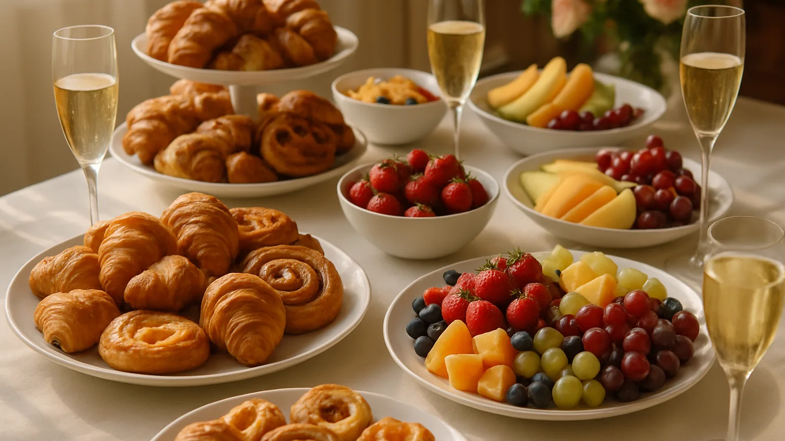 Üppiges Brunch-Buffet mit Gebäck, Obst und Sekt