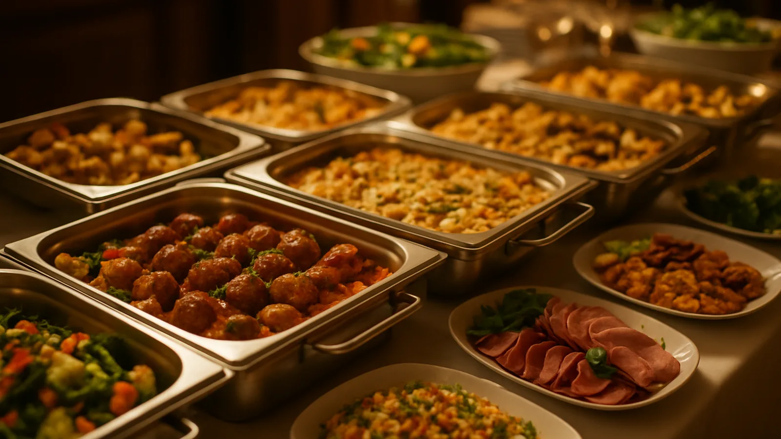 Reich gedecktes Catering-Buffet mit vielfältigen Speisen