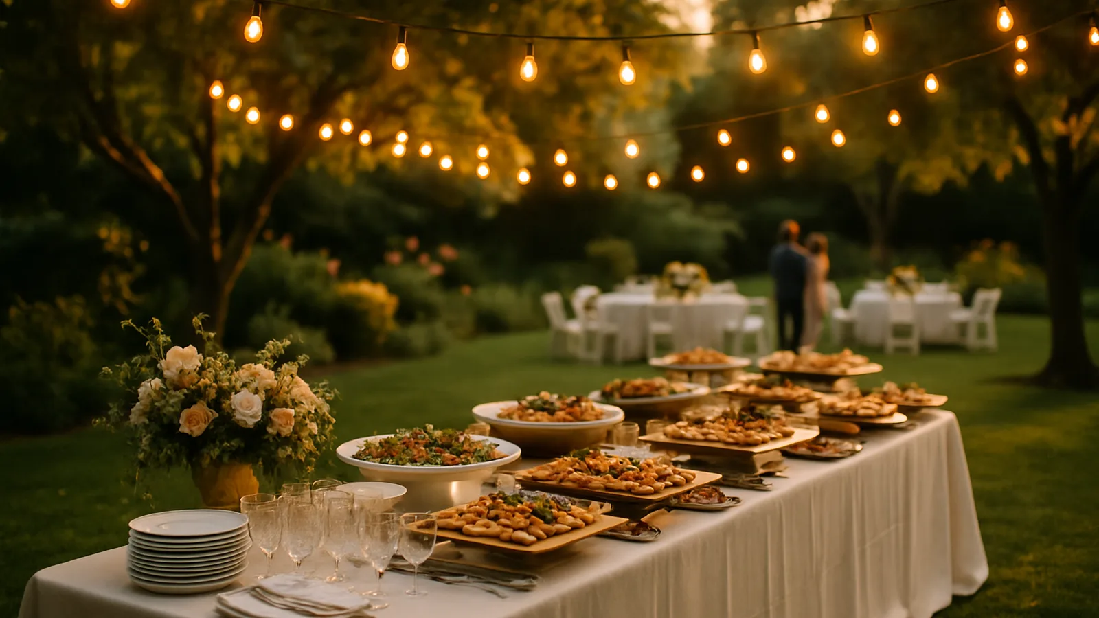 Entspanntes Gartenfest mit dekoriertem Buffet im Freien