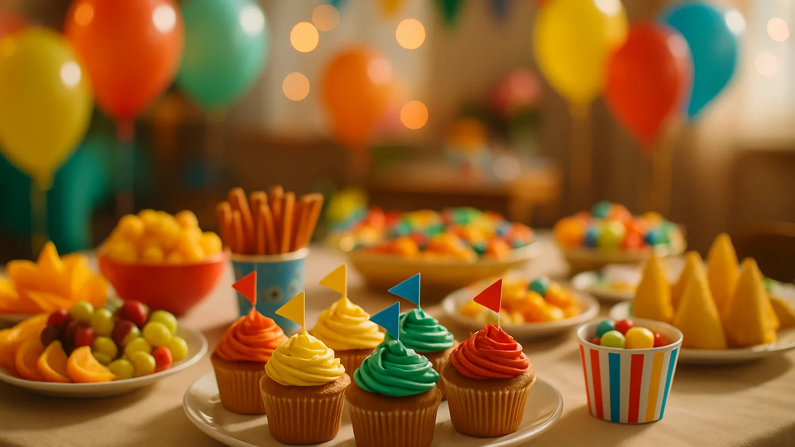 Fröhlich gedeckter Kindergeburtstagstisch mit bunten Snacks und Luftballons