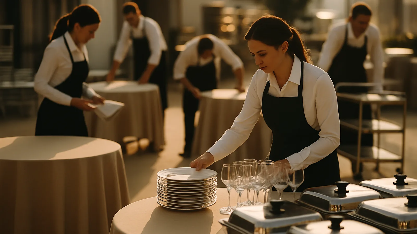 Catering-Team beim Aufbau von Tischen und Ausstattung