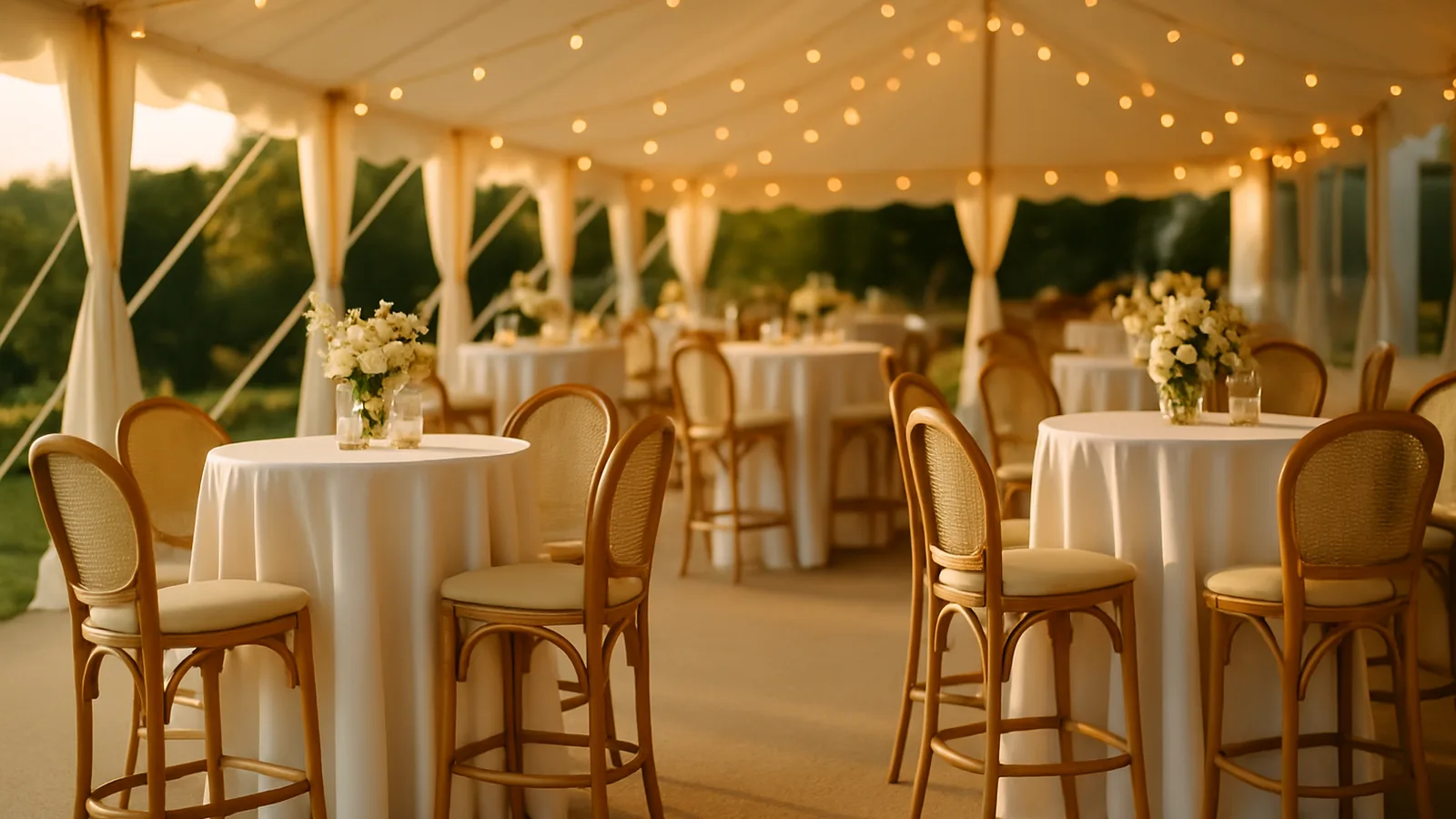 Elegantes Eventmobiliar mit Stehtischen und Zeltaufbau