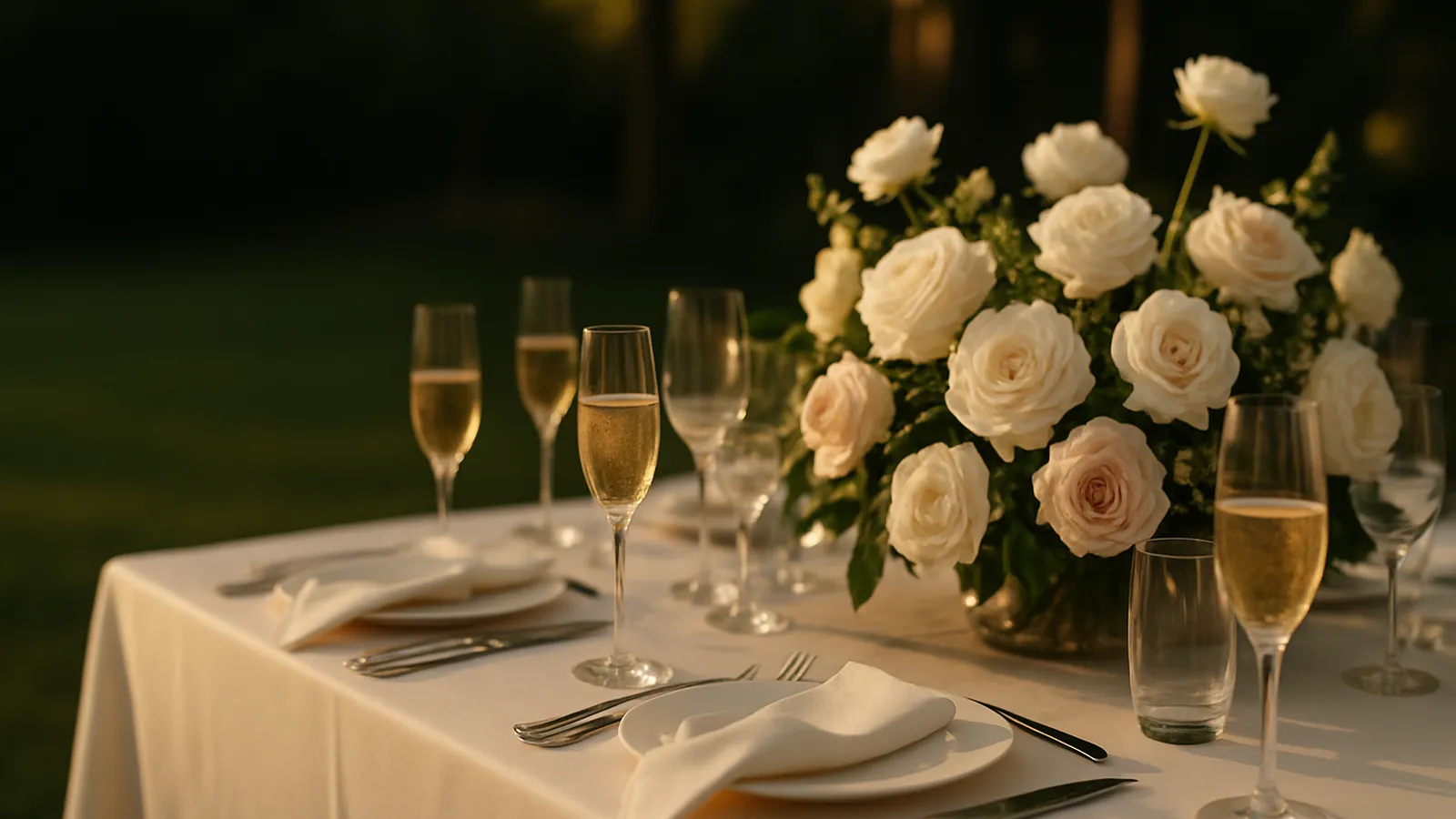 Elegant eingedeckter Catering-Tisch mit Rosen und Kerzenlicht bei goldenem Abendlicht
