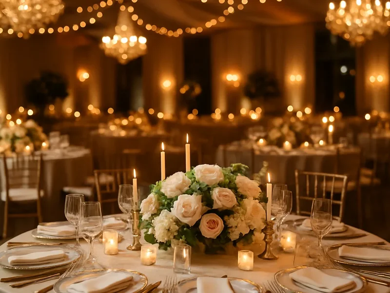 Elegant eingedeckte Event-Location mit stimmungsvoller Beleuchtung