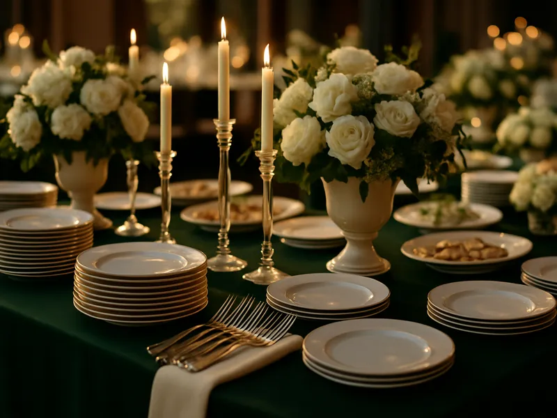 Elegant eingedeckter Catering-Tisch mit Kerzen und weißen Blumen bei goldenem Abendlicht